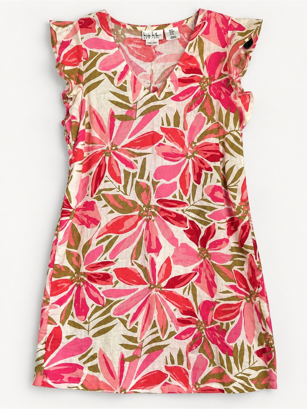 Nicole Miller | 100% Linen Tropical Floral Shift Dress Resort Cruise Coastal M